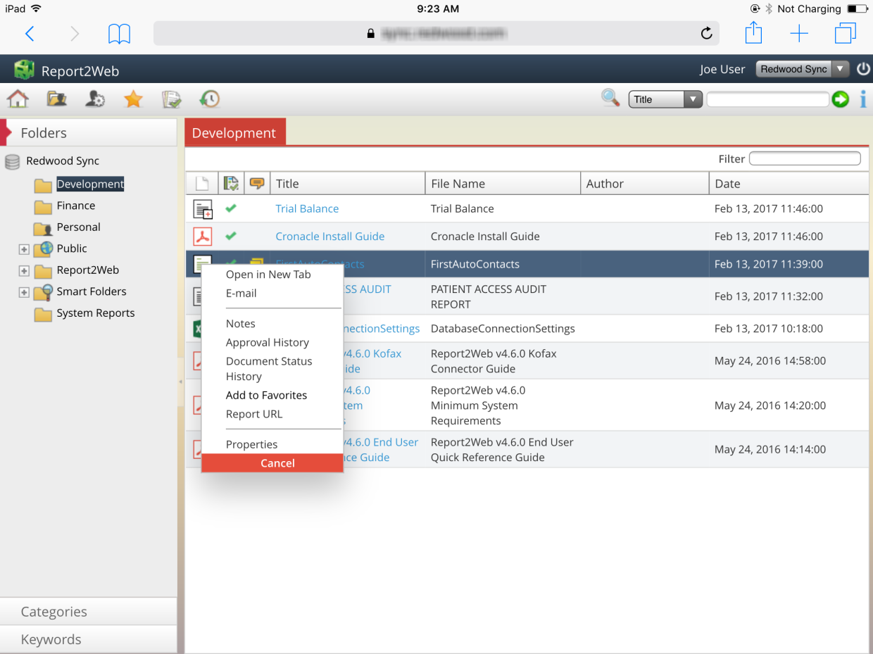 Screenshot showing equivalent of right-click menu access from an iPad